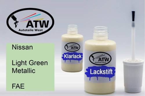 Nissan, Light Green Metallic, FAE: 20ml Lackstift + 20ml Klarlack - Set, von ATW Autoteile West.